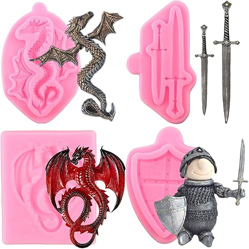 Mujiang Moldes de silicona de dragón, escudo de espadas, molde de fondant de batalla para decoración de pasteles, decoración de cupcakes, pasta de