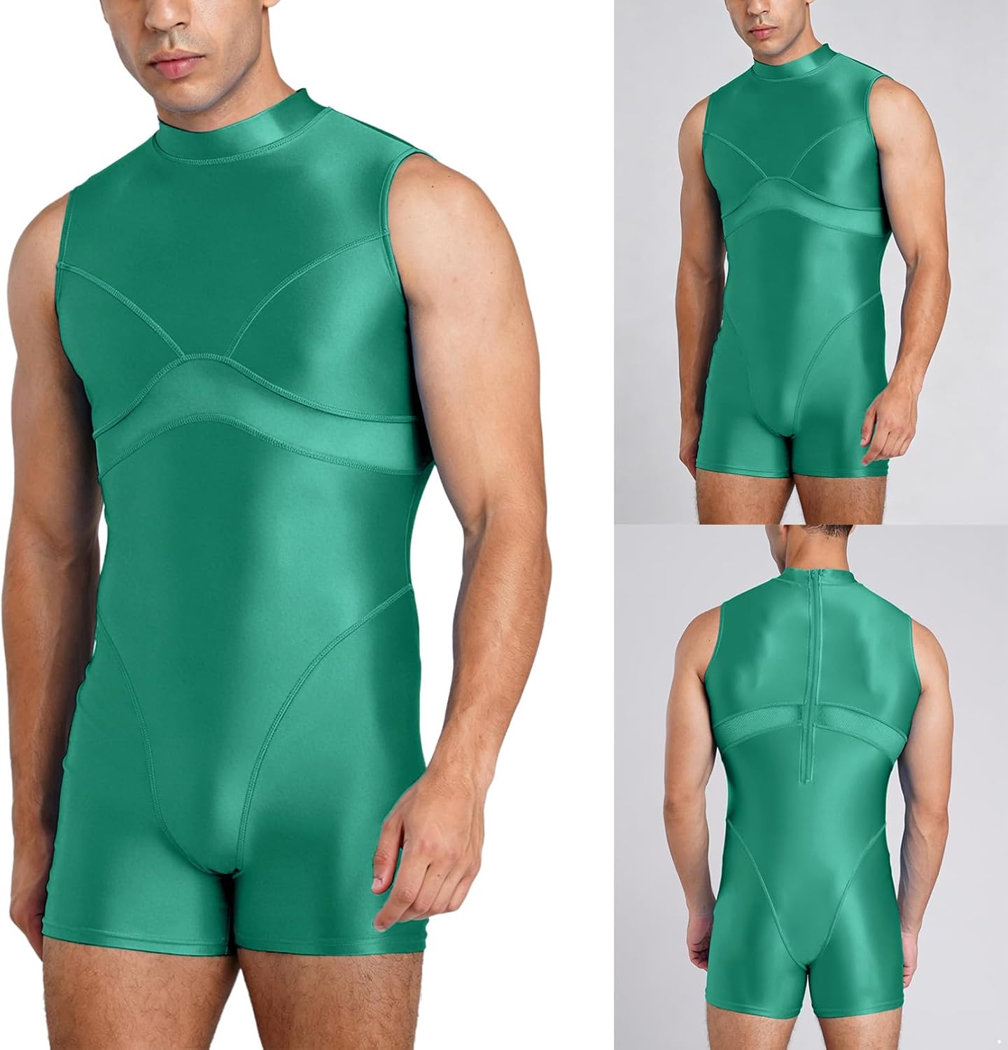 TiaoBug Men Athletic Training Swimsuit Mock Neck Dancewear | Modest Bathing Suit,Gymnastic Leotards,Tight Fitting,Lightweight Quick Dry,Biketard Length,Glossy Stretch Spandex Fabric