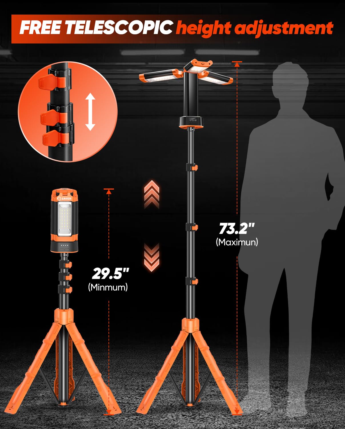 Saker Tragbare Campingleuchte mit Ständer, 185,4 cm, 20000 mAh, wiederaufladbar, LED-Arbeitsleuchten, 800/3200 Lumen, 4000/6500 K, mit abnehmbarem Stativ für Camping, Arbeiten im Freien, Stromausfälle