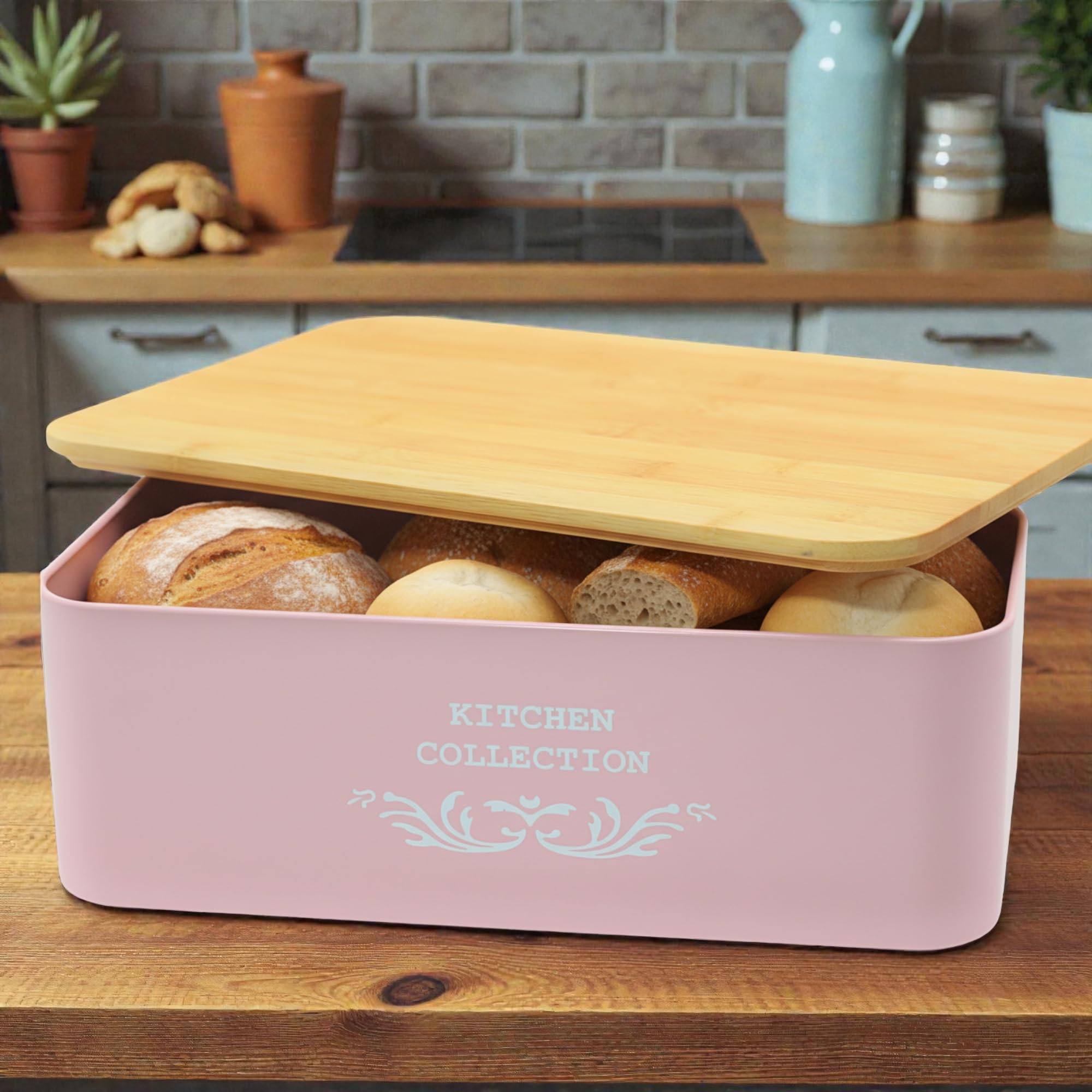Contenitore Portapane con cap di bambù 35x12x23 CM - Rosa-Scatola Pane da Cucina in Metallo con Coperchio in Bambù – Design Vintage
