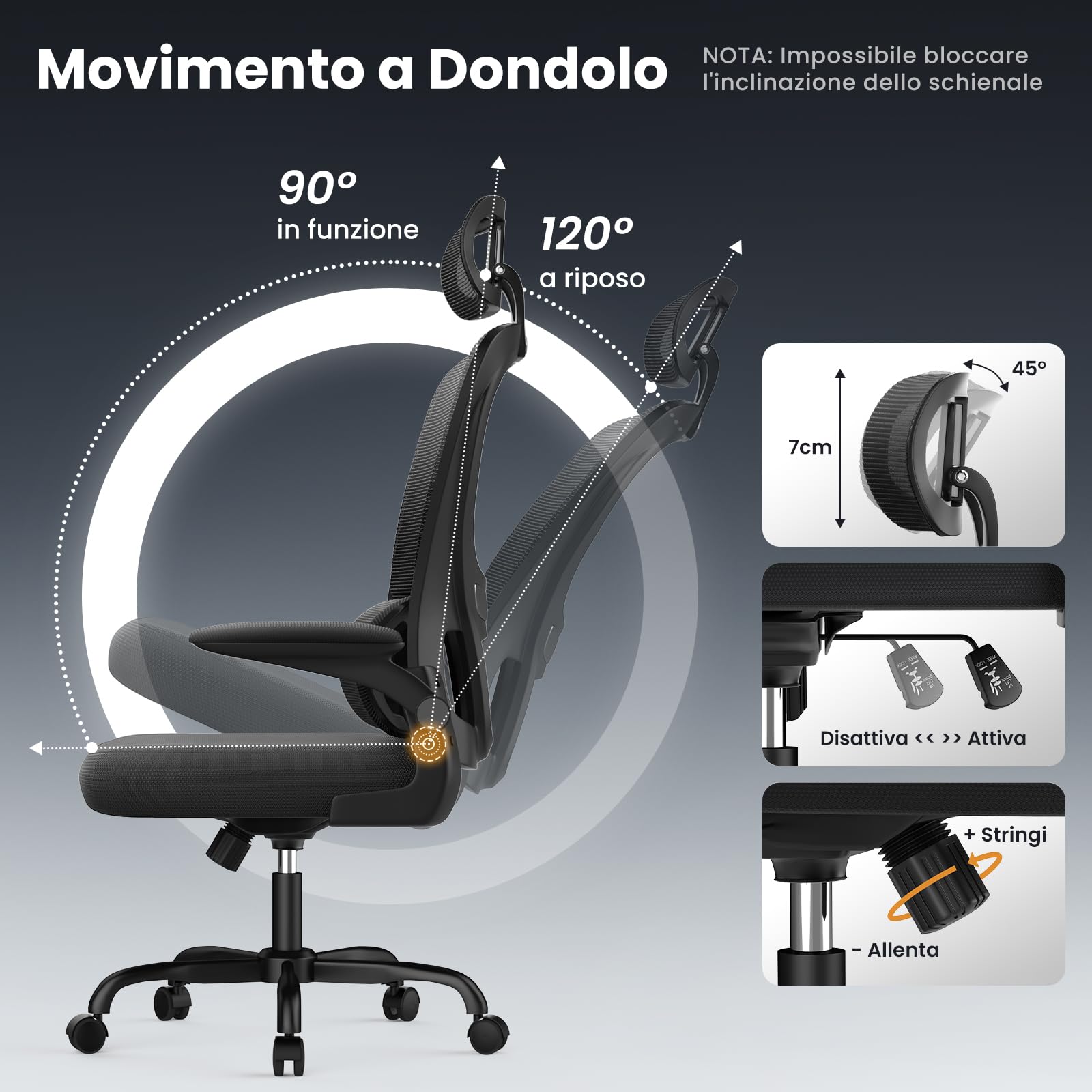 naspaluro Sedia Ufficio Ergonomica, Sedia Scrivania Con Supporto Lombare a Forma Di C, Schienale E Poggiatesta Regolabili, Braccioli Reversibili, Sedile in Rete Traspirante per L'ufficio, Nera