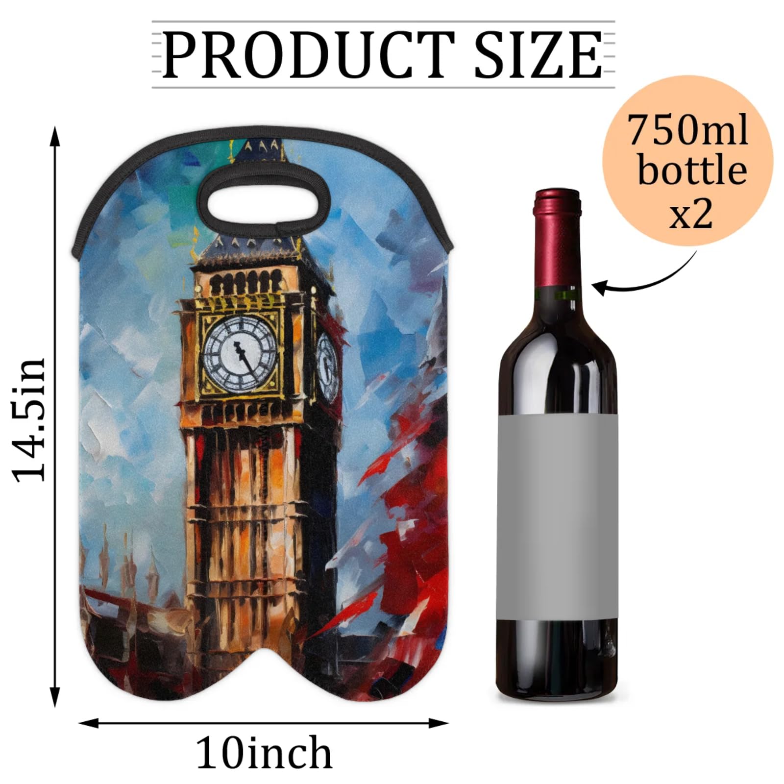 GzLeyigou 2 Bottles Big Ben Watercolor Wine Bag Sleeve Totes Neoprene Protective Wine Carrier Bag for Wine,Water, Champagne, Beer, Baby Bottles,Gift 14.5 x 10 Inches
