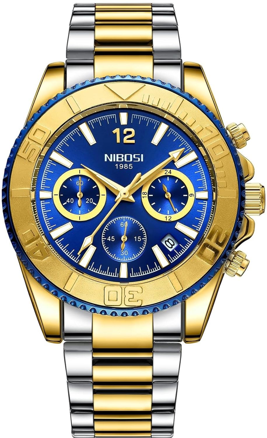 NIBOSI Causal Stainless Steel Watch Luminous Clasp Type Quartz Watches Chronograph Wrist Watches for Mens (Gold/Blue/Silver) (B0BSXR5612) Amazon Price History, Amazon Price Tracker