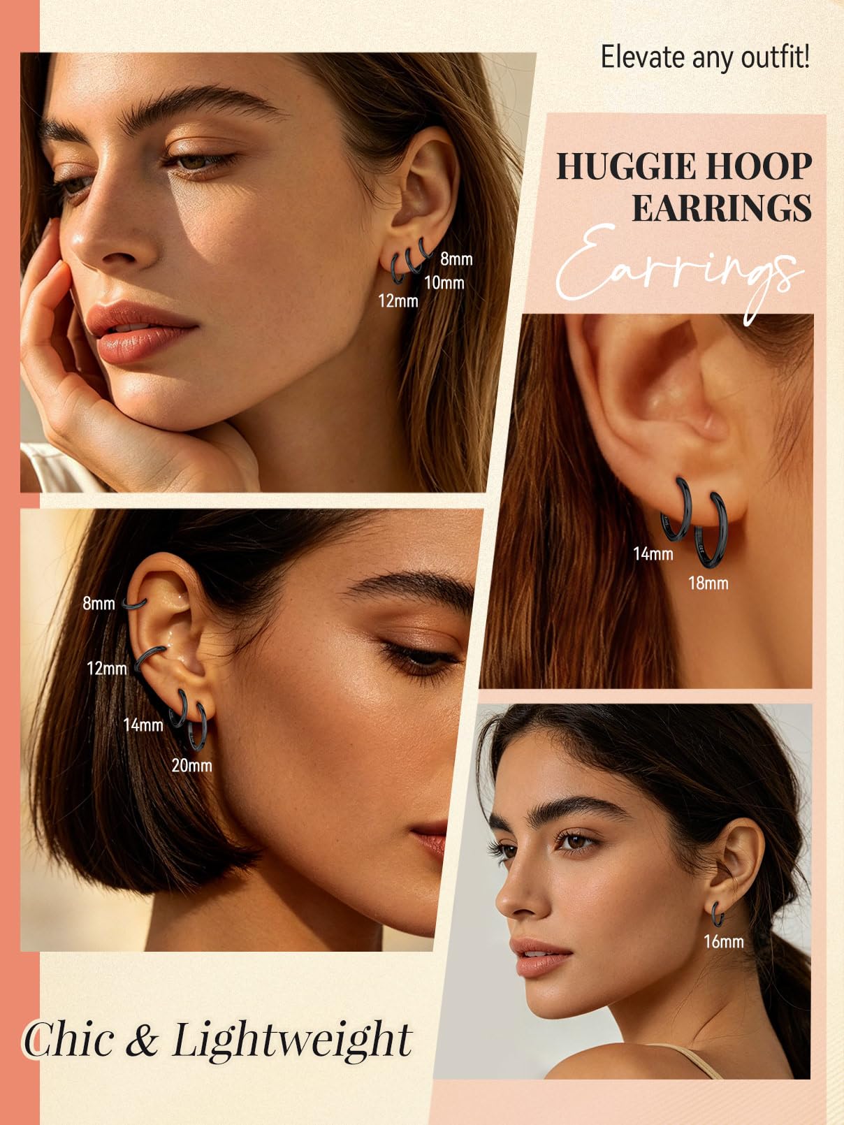 FaithHeart Czarne kolczyki do uszu dla mężczyzn Punk Helix Piercing duże kolczyki 20 mm Huggie kreole srebro 925 damskie kolczyki składane kreolki piercing do uszu biżuteria do uszu biżuteria do uszu