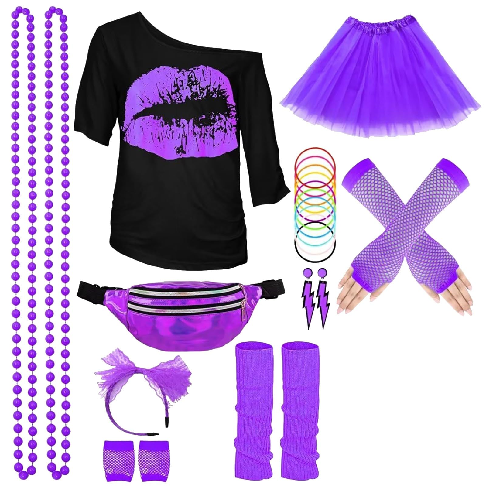 8 Pcs 80s Fancy Dress for Women, Ladies 80s Accessories, Tops,Necklace, Earrings, Hair Hoop, Sleeve Covers, Skirt, Leg Warmers, Bracelet for Retro Theme Parties (Purple, M) — image 1