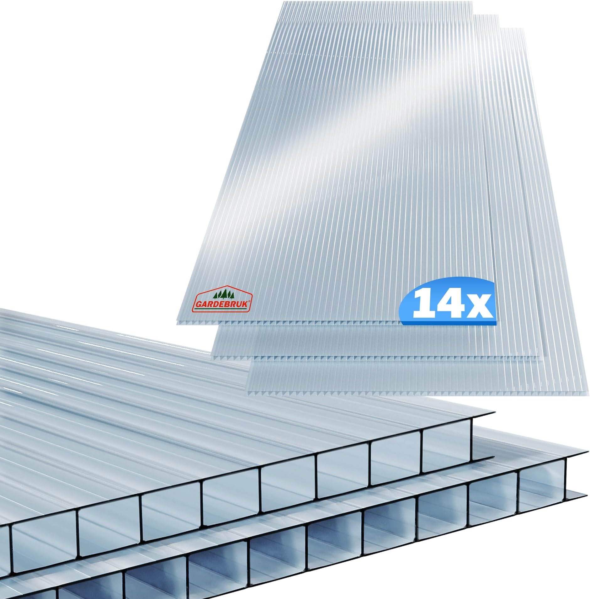 GARDEBRUK® 14x Polycarbonate Twin Wall Sheets | 4mm | 10.25m² | Double Wall Panels | 121x60.5cm | Wall Panel for Greenhouse, Garden Shed, Bike Shed | Plastic Sheeting | Fence Panels | Roofing Sheets