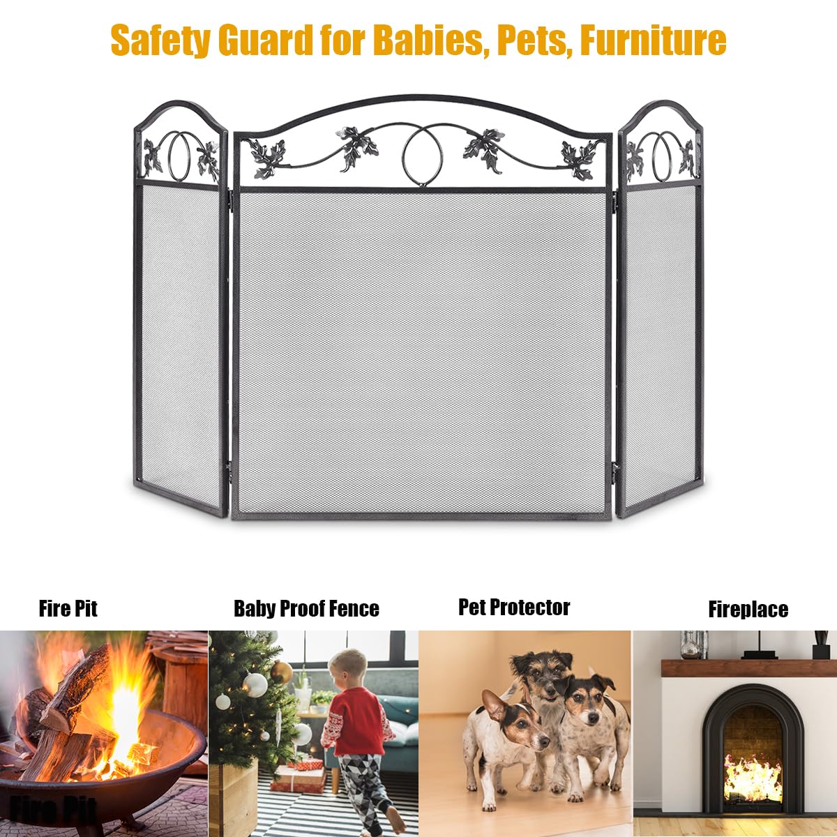 LIFEZEAL Pare-Soleil pour Cheminée Pliable, Pare Feu Cheminée, Grille de Protection à 3 Panneaux en Métal, Filet Décoratif, 127 x 2 x 74 Cm, Noir