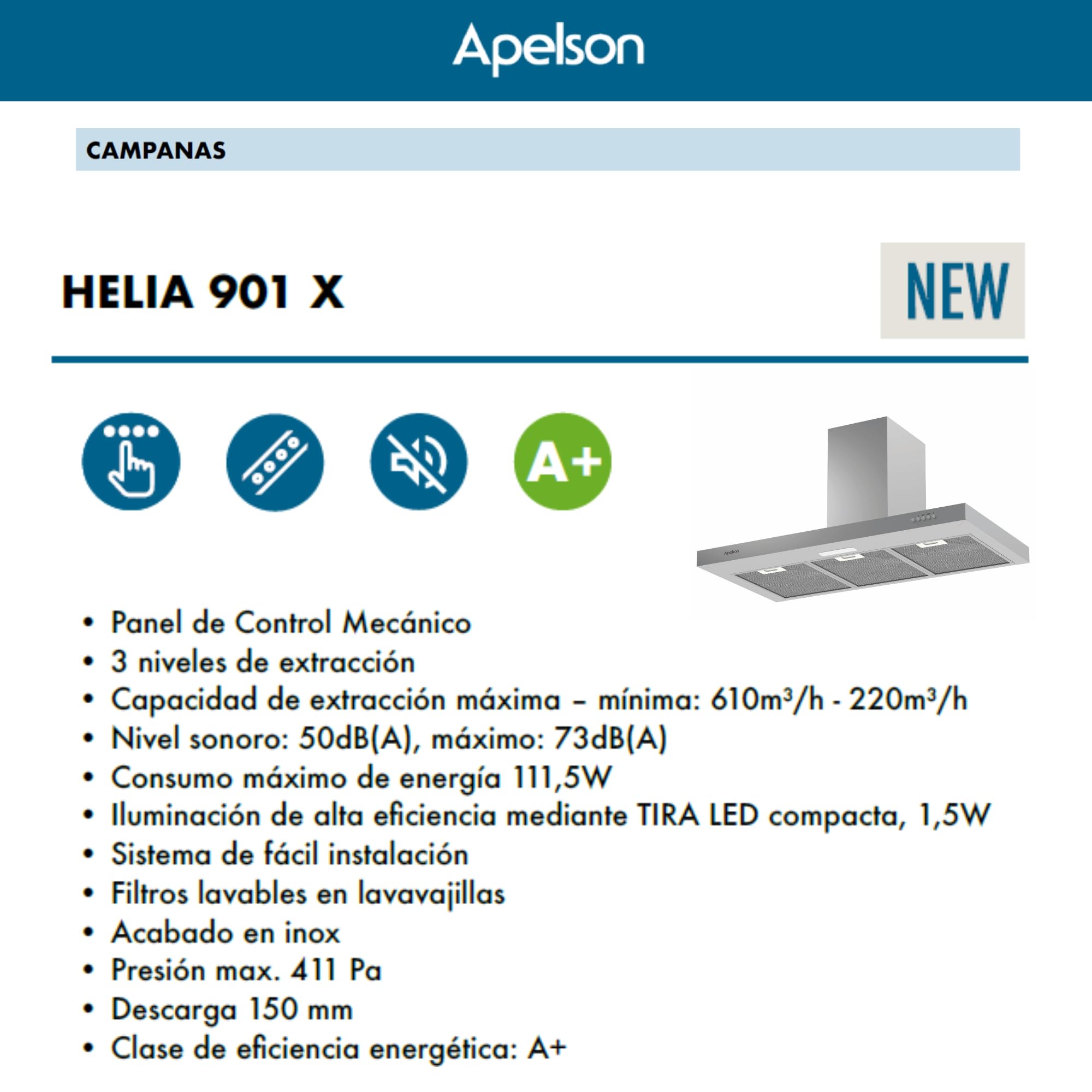 Apelson Okap kuchenny TALIA 901 X/A 3-poziomowy wyciąg sterowanie mechaniczne pojemność 299 m3/h Cichy 61 dB LED Łatwa instalacja Kolor szary stal nierdzewna