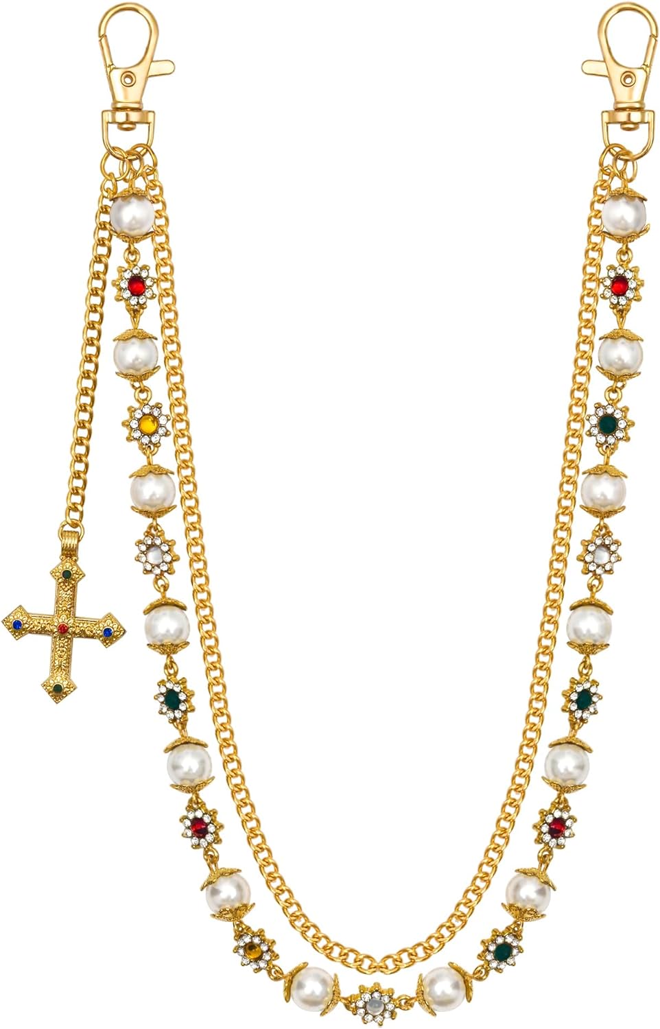 Punk Wallet Chain with Rhinestone Flower & Pearl, Layered Pants Chains Key Chain Pocket Chains Gifts for Women Men