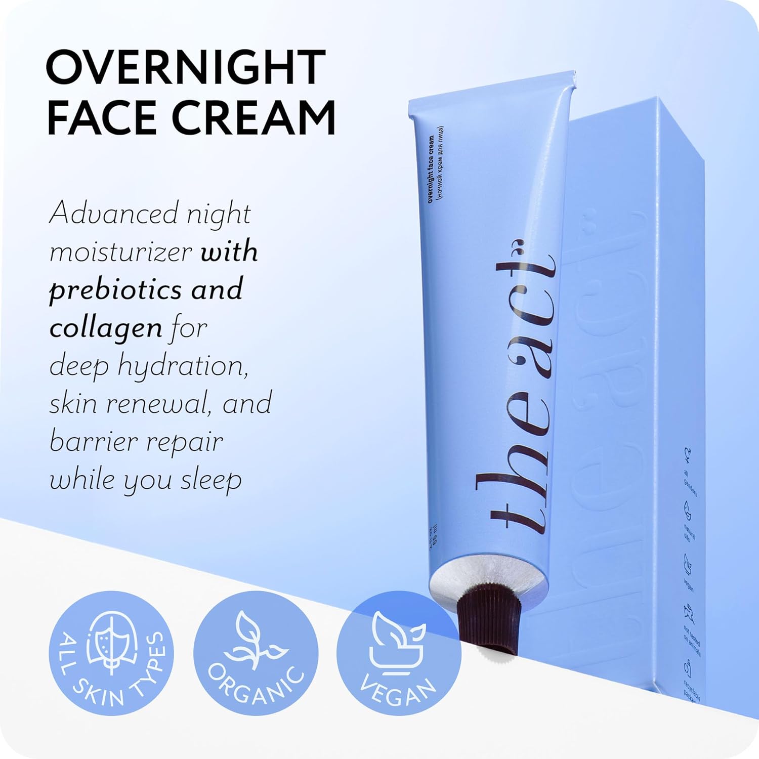 The Act Overnight Face Cream with Collagen & Prebiotics – Vegan Organic Anti-Aging Night Moisturizer for Men & Women - Deep Hydration, Barrier Repair, Sensitive & Mature Skin, 2 Fl Oz