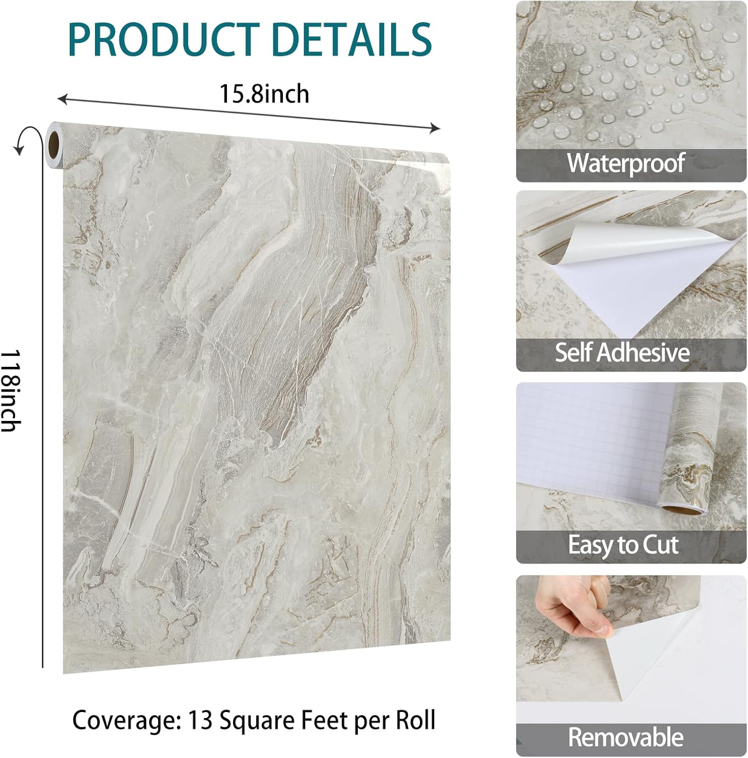VaryStyle 15.7"x393" Glossy Beige Grey Gold Marble Contact Paper for Countertops Peel and Stick Marble Wallpaper Self Adhesive Renter Friendly Thick Counter Top Vinyl Wrap for Bathroom Desk Table Top