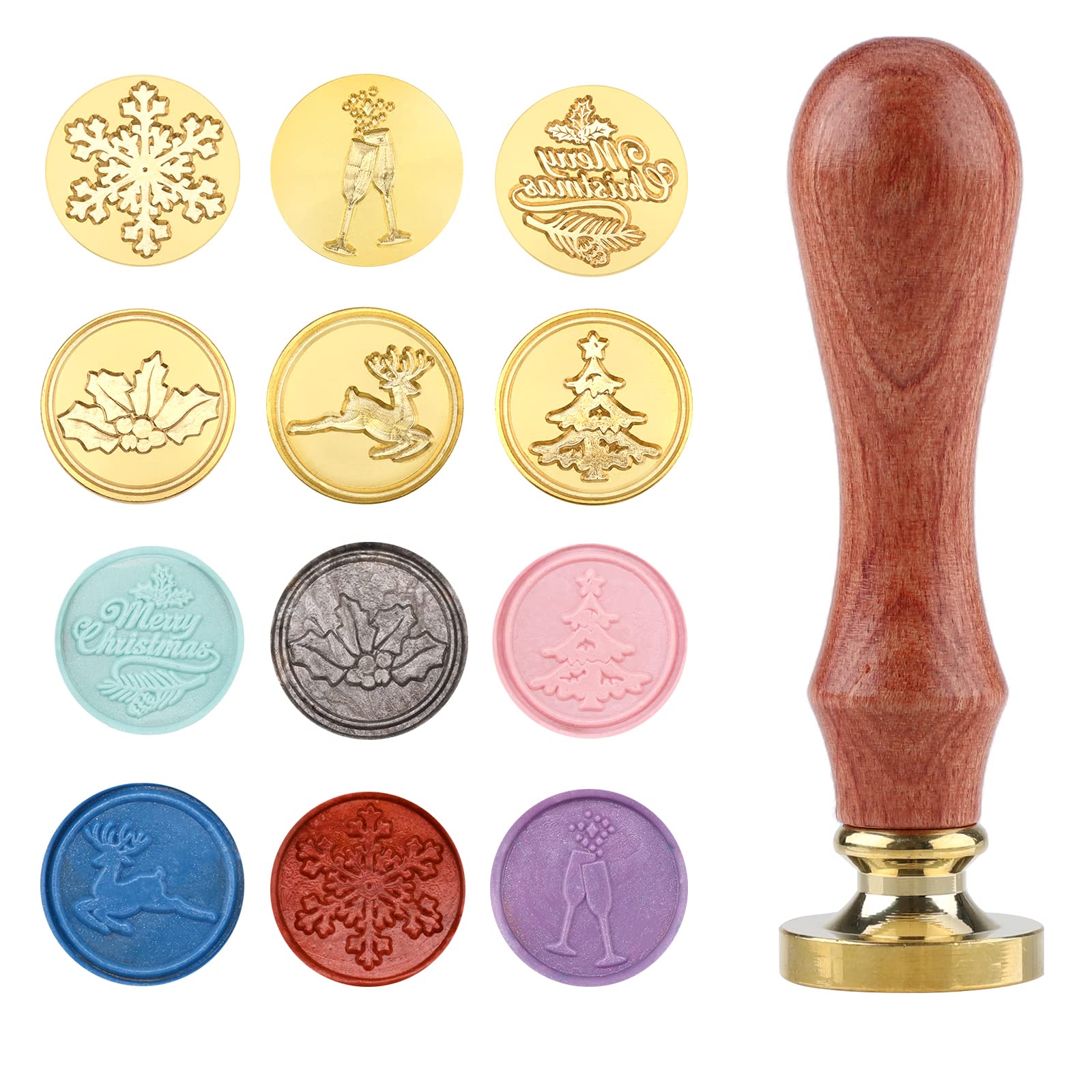 Christmas Wax Seal Stamp Set,Wood Retro Seal Wax Stamp Kit,6 Pieces Removable Sealing Brass Stamp Head,for Xmas Creative Gift Wrapping Wedding Party Holiday Envelopes Invitations Cards Wine Package