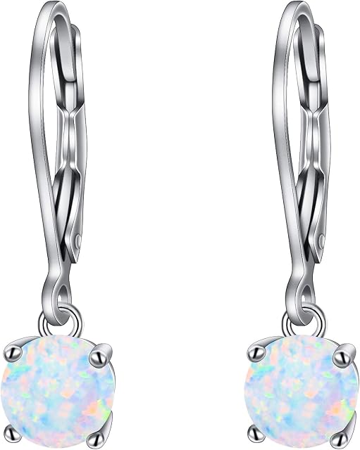 EVER FAITH Round Created Opal Earring, 925 Sterling Silver Dangle, Teardrop Leverback Earrings, 6mm Opal Genstone Pierced Earrings