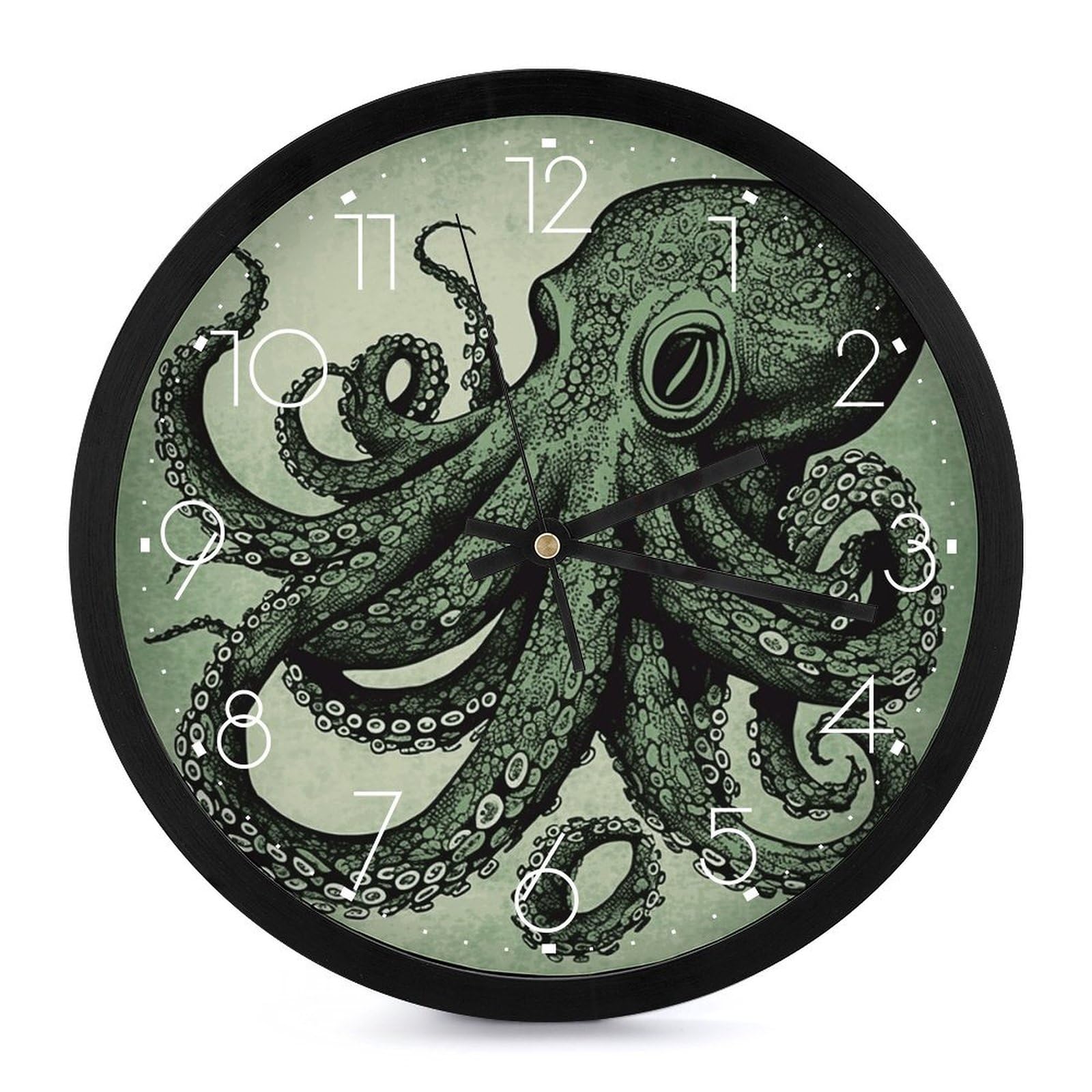 Horloge murale ronde décorative pieuvre verte de 25,4 cm silencieuse