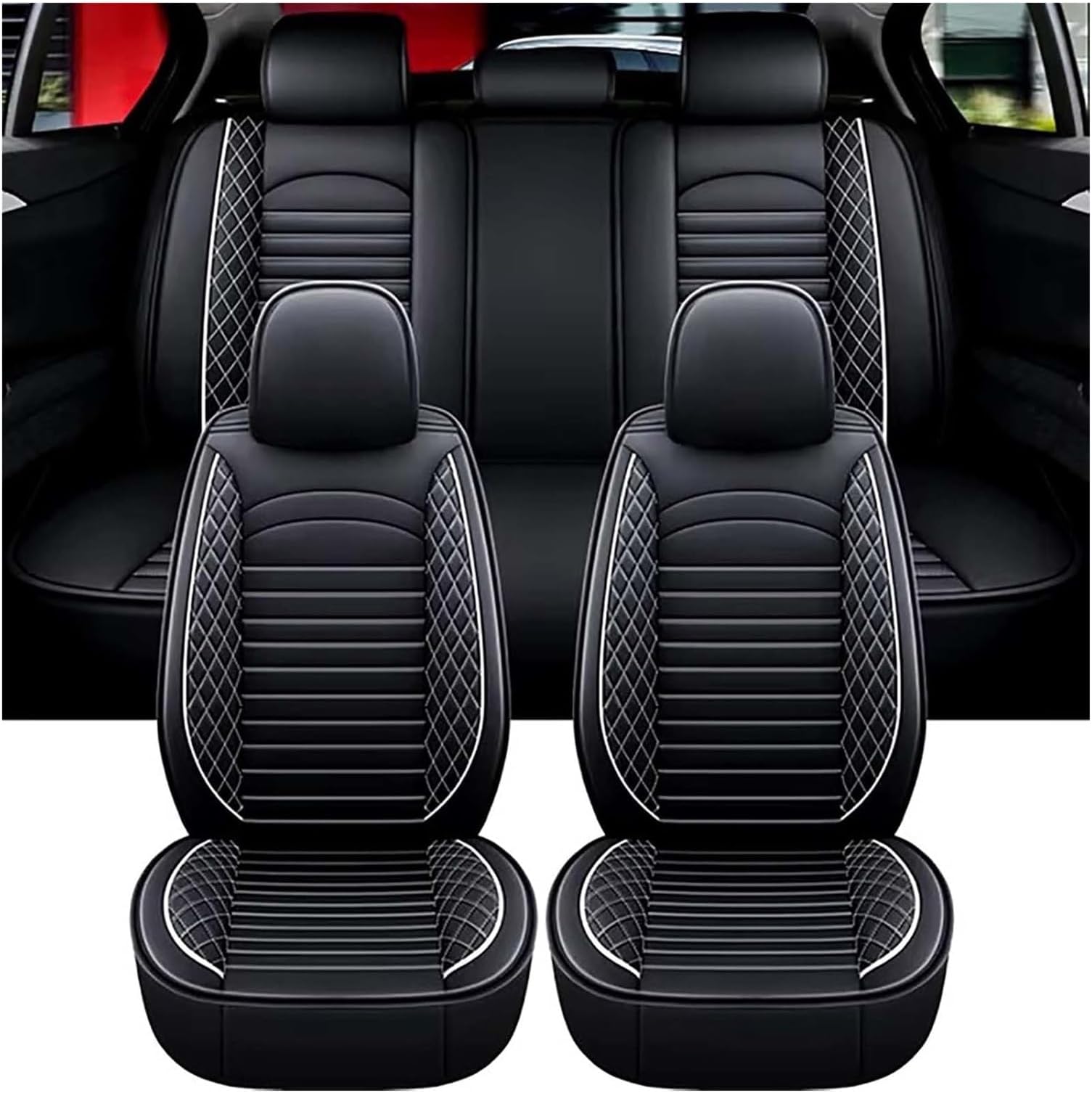 Car Seat Covers for Volvo V40 2013-2018, Full 5 Pieces Waterproof Front and Back Set, PU Leather Airbag Compatible, Comfortable Cushions(Black white)