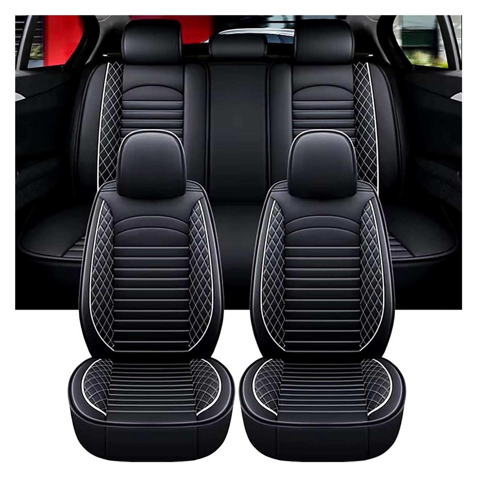 Housse Siege Voiture pour Nissan Qashqai e-POWER (2023-2025), Coussin en Cuir De Première Imperméable Et Résistant À l'usure, Housses Siege Avant Arrière Auto Protection Accessoire(Black white)