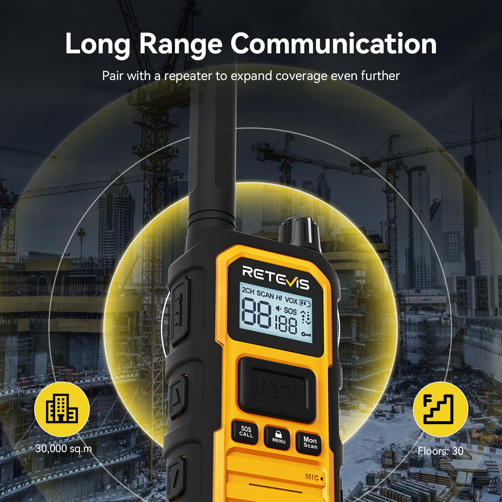 Retevis RB648Plus Funkgerät mit Großer Reichweite, Walkie-Talkie Baustellen | IP67 wasserdichte Handfunkgerät Set mit 10-Wege-Ladegerät, 2000mAh, Gruppenruf, VOX, (10 Stück, Gelb)