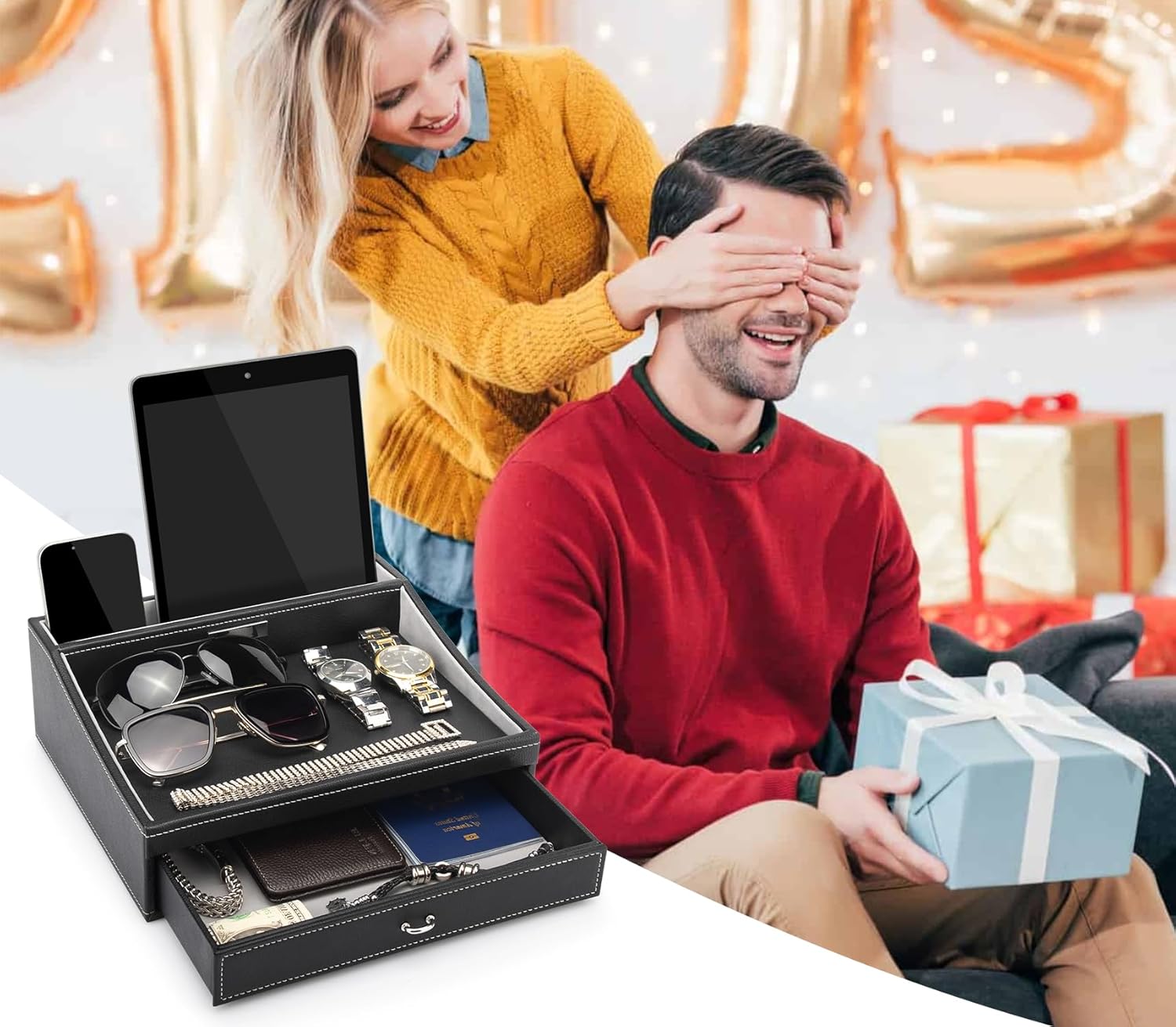 Baoyun Gifts for Dad Mens Nightstand Organizer, Jewelry Box for Men, Mens Dresser Organizer Countertop, Large Capacity Leather Valet Tray for Phones Pad Wallet Key Christmas Gifts for Men - Image 2