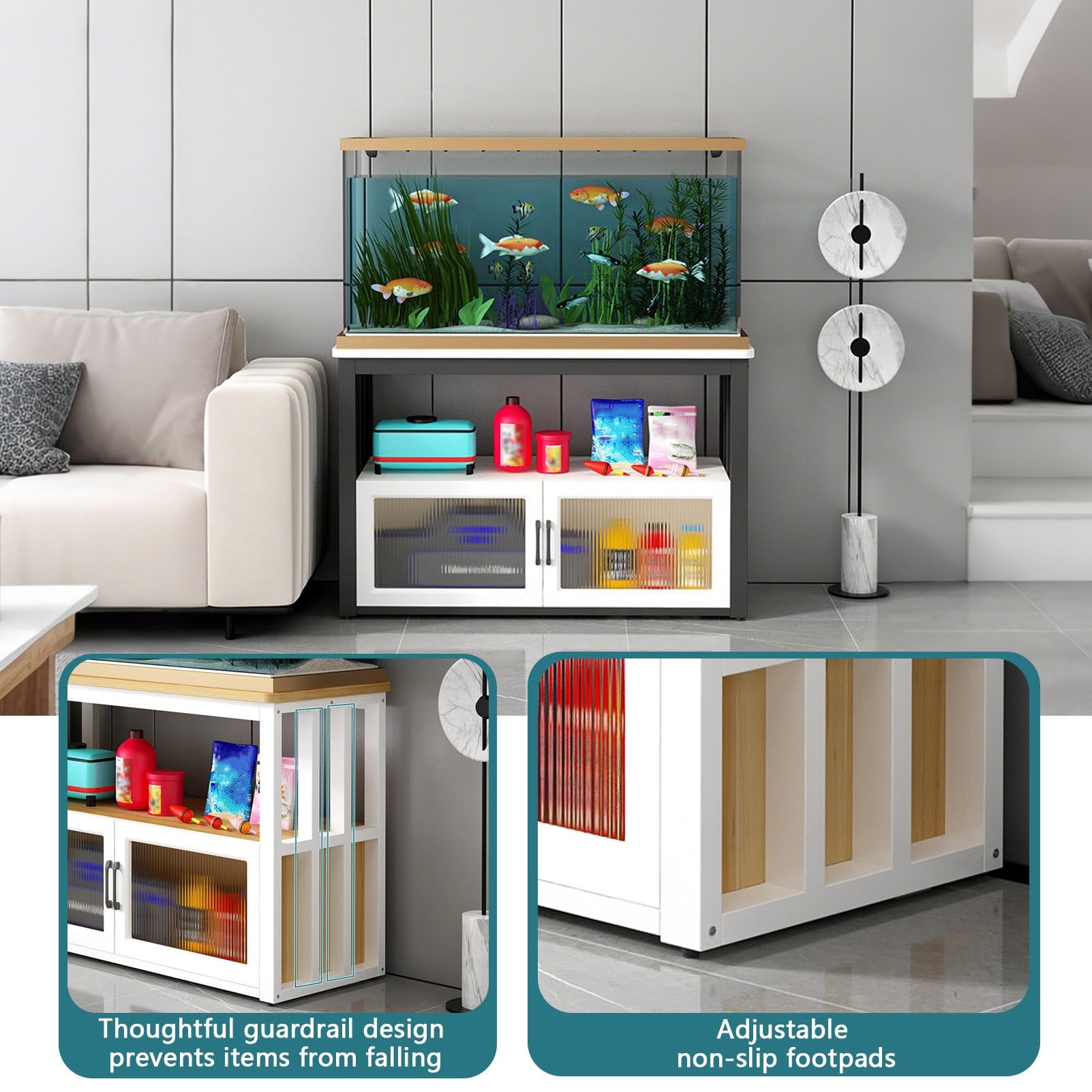 Aquarium-Ständer mit Schrankaufbewahrung, 3-stöckig, Metall-Aquariumständer, 300 kg Kapazität, Reptilien-Tankständer für Wohnzimmer, Schlafzimmer, Büro (grau + schwarzer Rahmen, 100 x 50 x 80 cm)