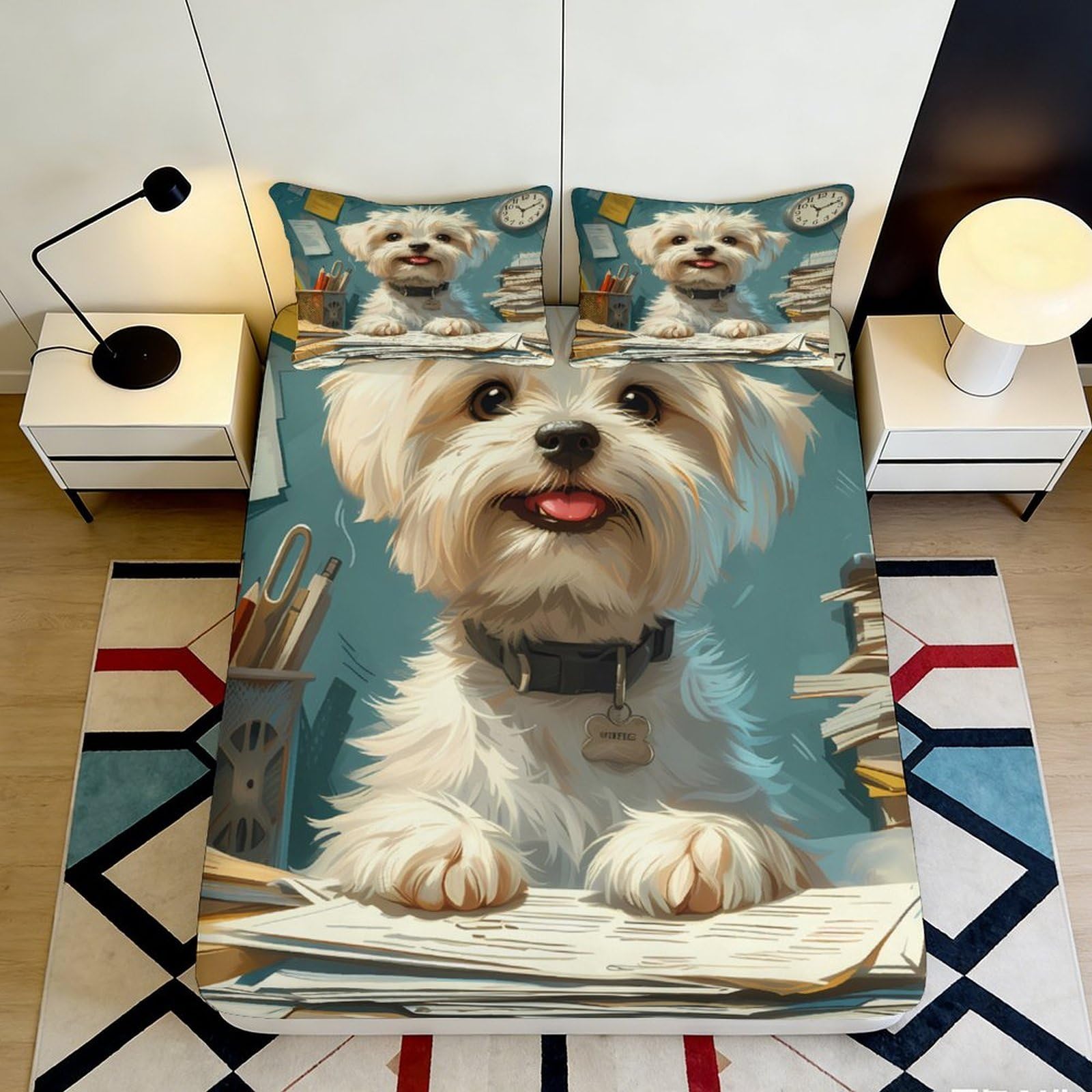 3D Printed White Dog Fitted Sheet Microfiber Soft Blue Cartoon Puppy Bed Sheet for Bedroom Guest Room Decor 90x200x25cm