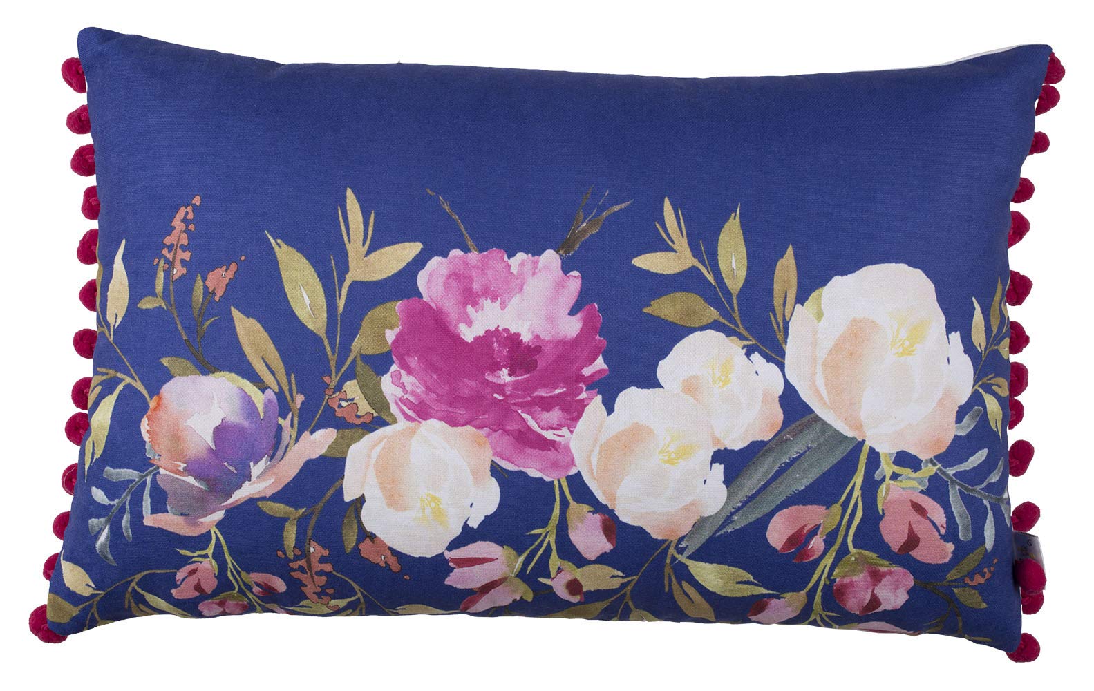 Tropik Home Soft Cushion Cover Decorative Pillow Case With Pom Poms For Chair Sofa Livingroom with Invisible Zipper 12x20 (Peony Rectangular Blue)