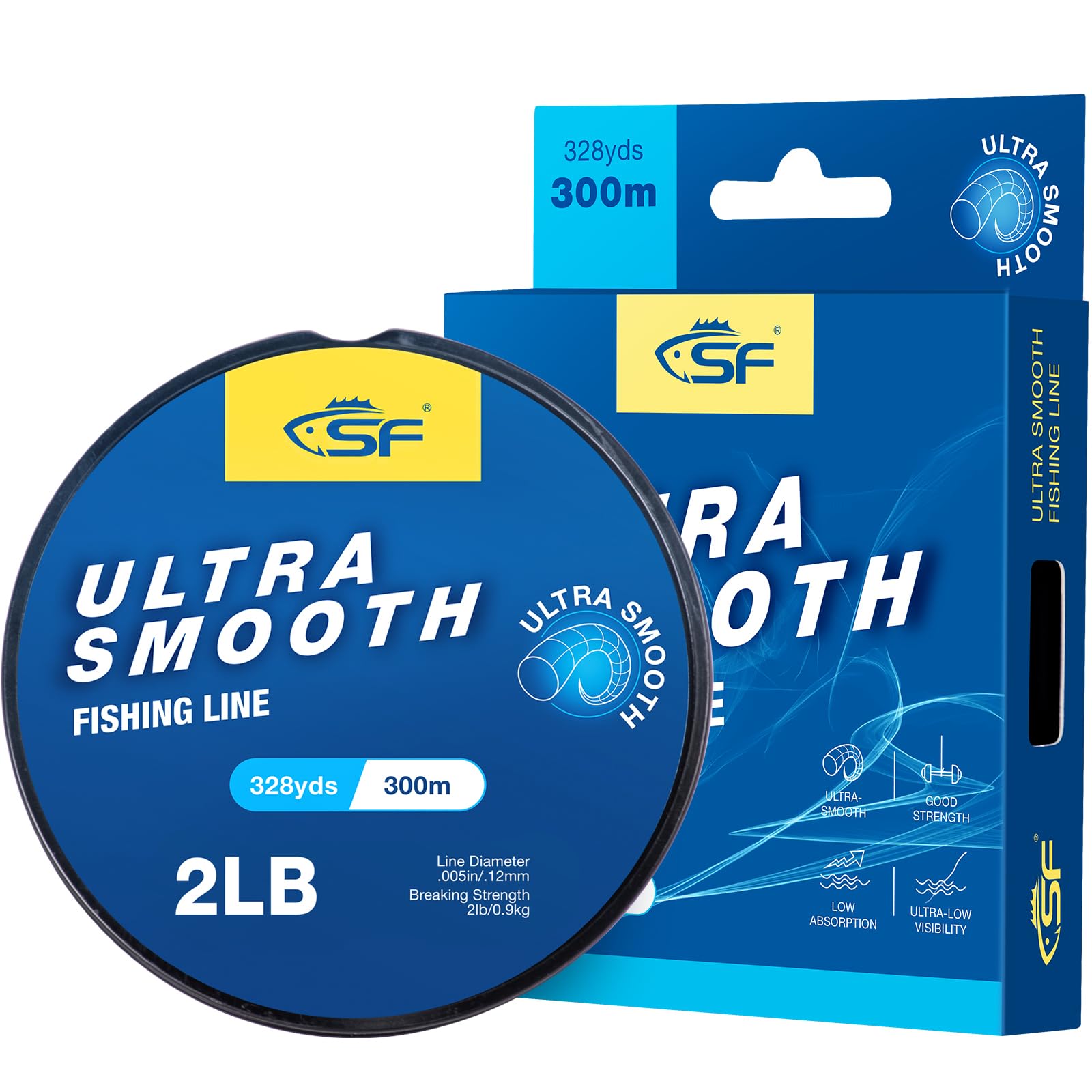 SF Ultra Smooth Monofilament Fishing Line with Spool Mono Clear Nylon Line 2LB/0.9KG 330YDS 0.12MM