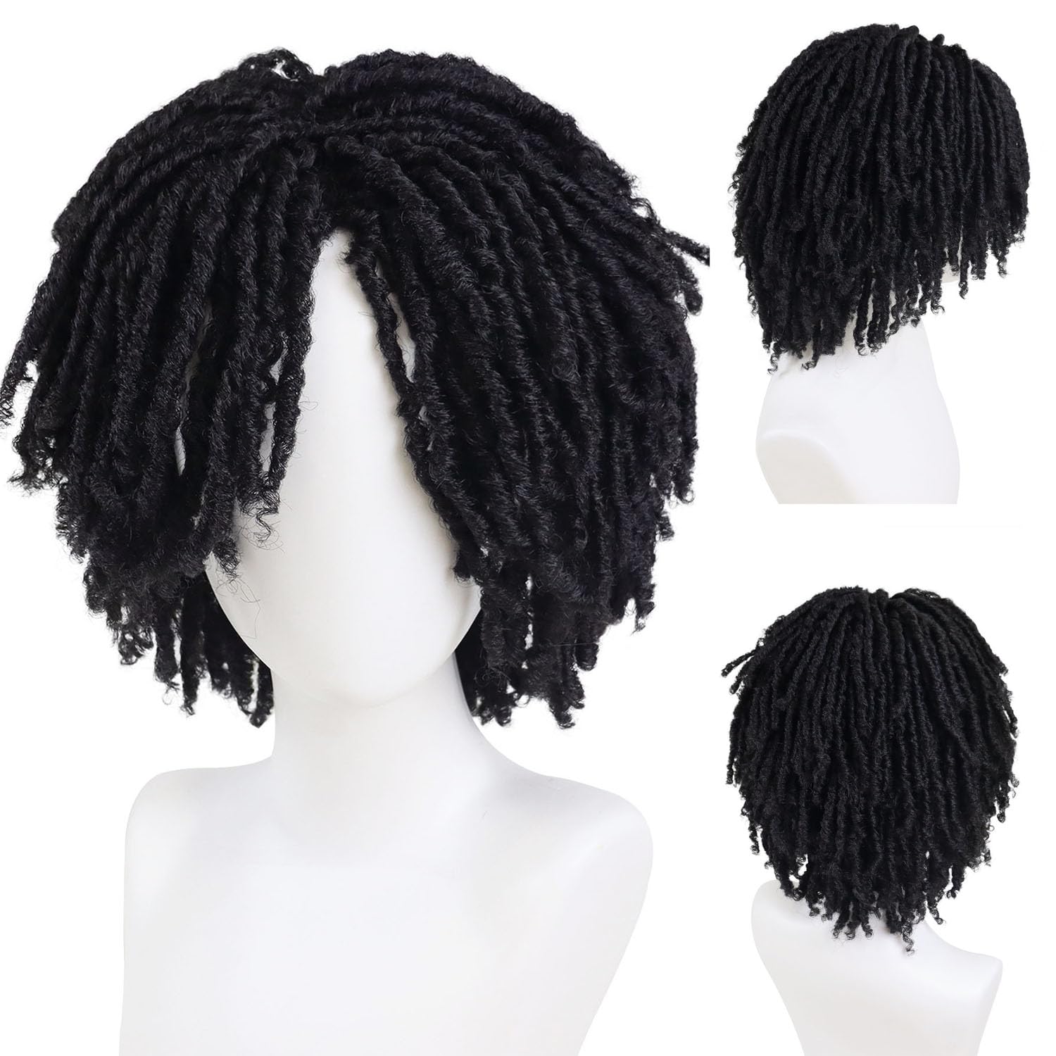 GNIMEGIL Mens Dreadlock Wig Black Curly Male Fake Dreads Loc Short Braided Wig with Bangs Realistic Twist Rasta Wigs Roleplay