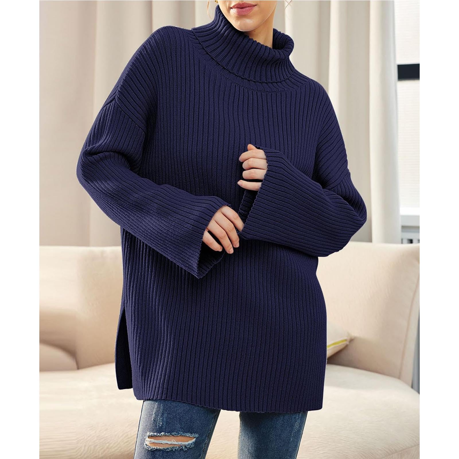 Greabuy Maglione a collo alto oversize alla moda da donna maglione a costine felpa per donna maglione casual camicie da donna maglioni da donna felpe leggere in maglia, Nero , XXL