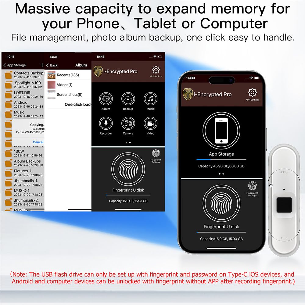 Odblokowanie linii papilarnych USB Flash Drive, ochrona hasłem dysk USB 2 w 1, szyfrowany pasek pamięci dla systemu Android/PC (7,6 x 2,15 x 0,85 cm) 64 GB