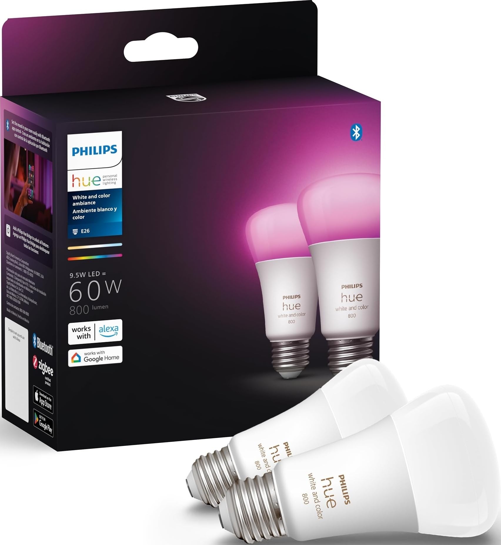 Philips Hue Smart 60W A19 LED Bulb - White and Color Ambiance Color-Changing Light - 2 Pack - 800LM - E26 - Indoor - Control with Hue App - Works with Alexa, Google Assistant and Apple Homekit