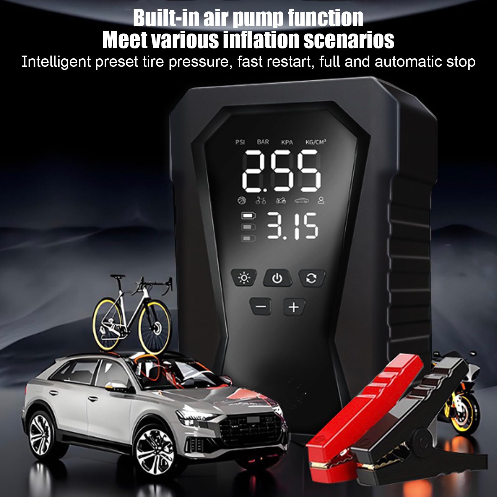 Booster Avviamento Auto,12V Avviatore per veicolo con Compressore Aria Portatile,Avviatore Batteria Macchina,Jump Starter con LED Torcia,Ricarica USB-C,7-in-1 Kit di Viaggio e Attrezzi di Emergenza
