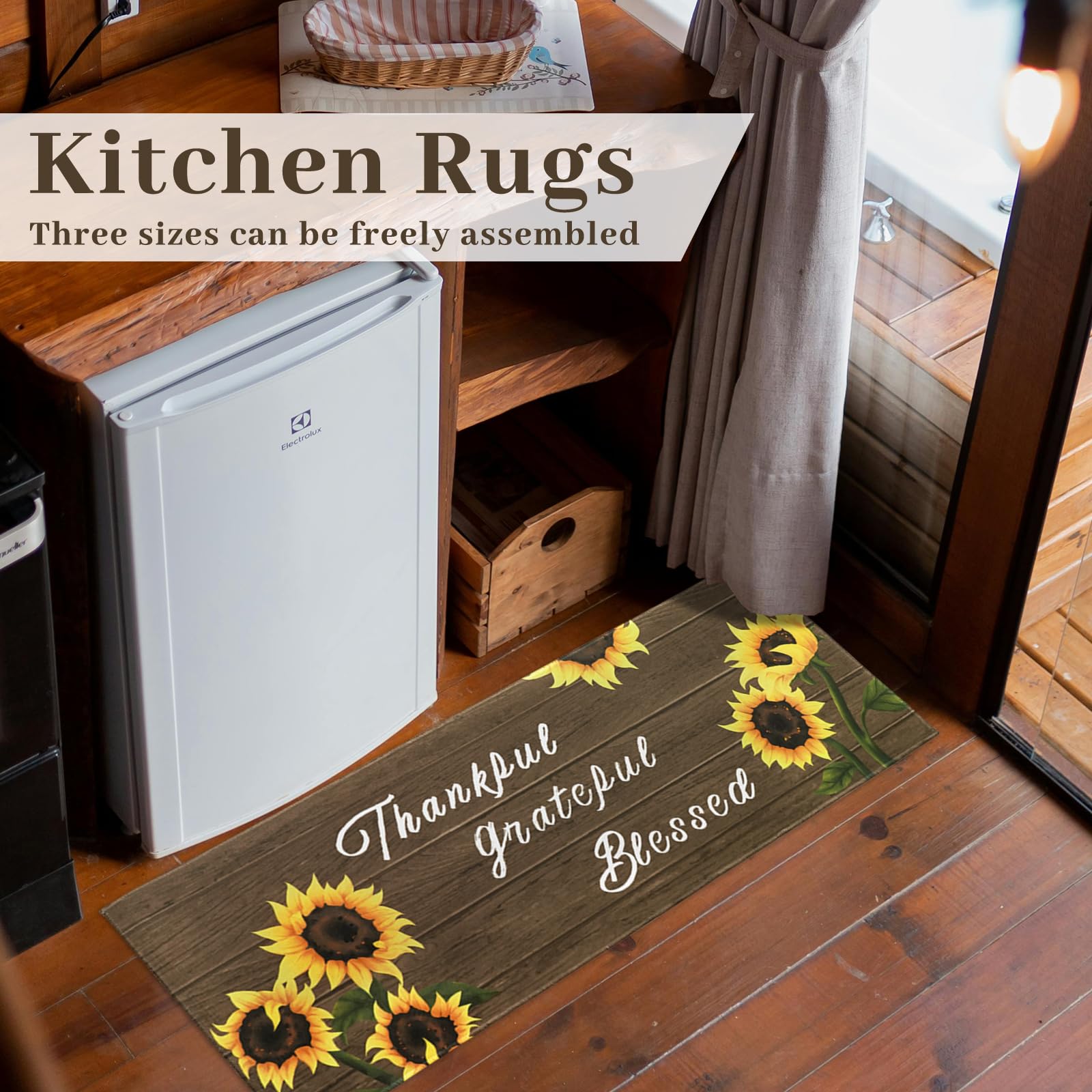 Sunflower Kitchen Mat Set of 3, Yellow Sunflower Kitchen Rugs and Mats Non-skid Washable Kitchen Floor Mats for in Front of Sink, Country Farmhouse Sunflower Kitchen Decor and Accessories(Brown)