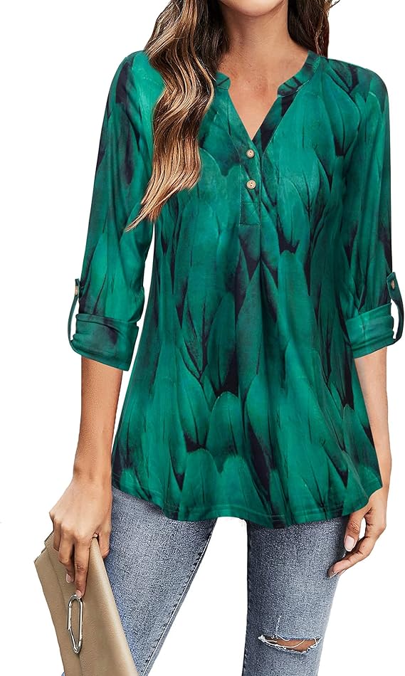 Messic Women's 3/4 Cuffed Sleeve Shirt Casual V Neck Pleated Flowy
