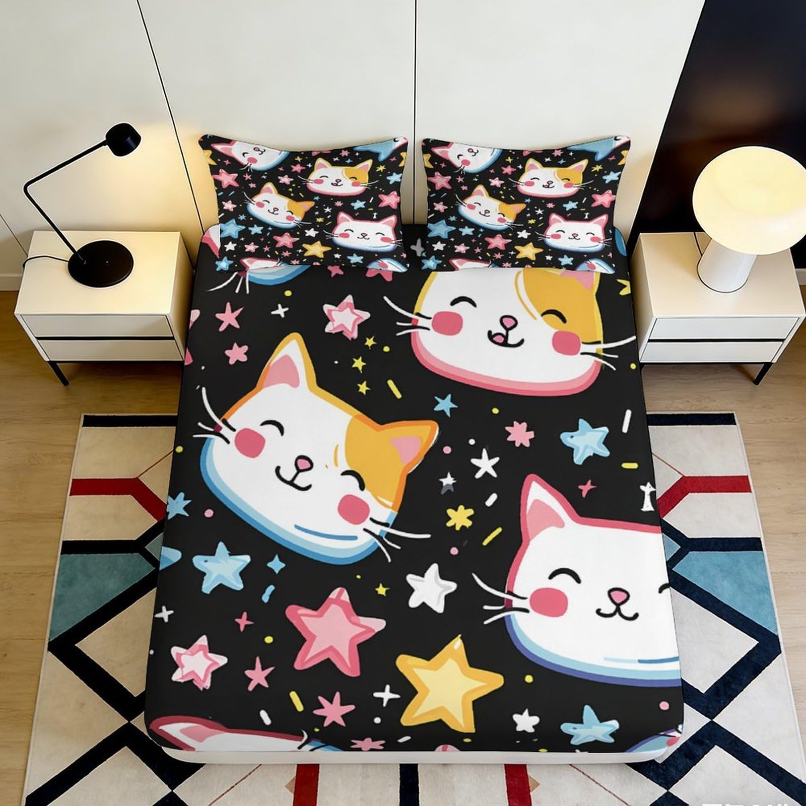 Pnayamiorkfel Style-7 3D Printed Cartoon Cat Star Fitted Sheet Microfiber Soft Black Bed Cover For Bedroom Dorm Mattress Decor 90X200x25cm