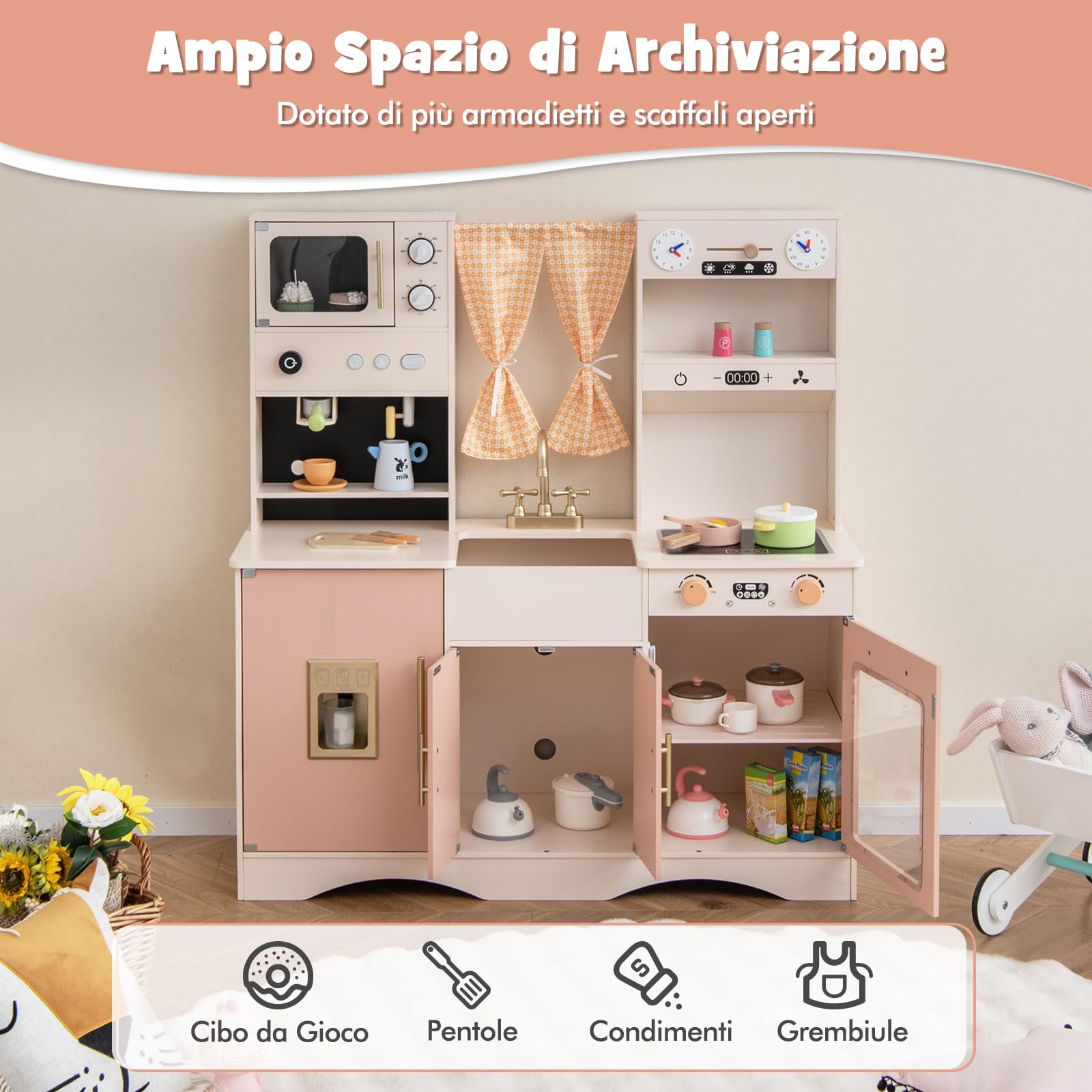 COSTWAY Set da Cucina per Bambini, Cucina Giocattolo in Legno con Microonde, Macchina del Caffè, Cucinetta Giocattolo con Tende, per Bambini 3+ Anni (Rosa)