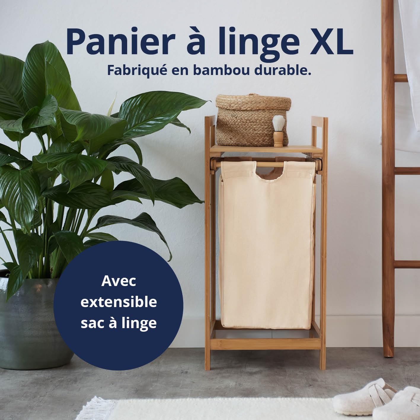 Lumaland Panier à linge en bambou avec sac à linge coulissant, matériau facile d'entretien, résistant à l'humidité et facile à nettoyer, 73 x 33 x 33 cm (H x l x L)