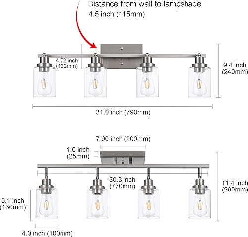 Miniatura 3 de MELUCEE Kit de iluminación de riel de 4 luces, accesorios de iluminación de tocador de baño, lámpara de techo de níquel cepillado para pasillo,