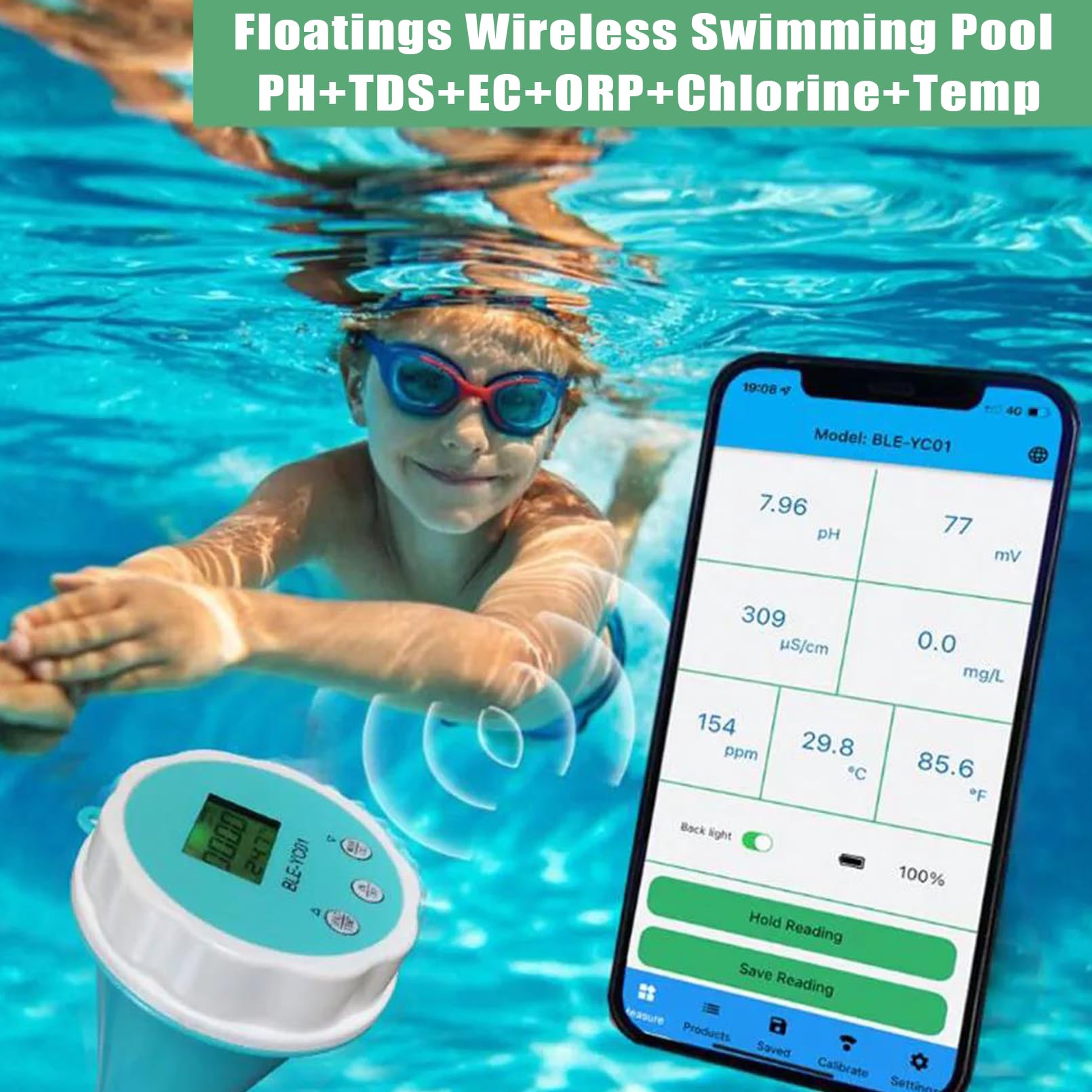 SYUFRE Medidor de Ph Bluetooth con Sonda de Precisión, Digital 6 en 1 PH EC TDS ORP Temp Almacenamiento de Datos de Cloro Residual Pluma de Prueba de Agua para Agua Potable Piscina Acuario
