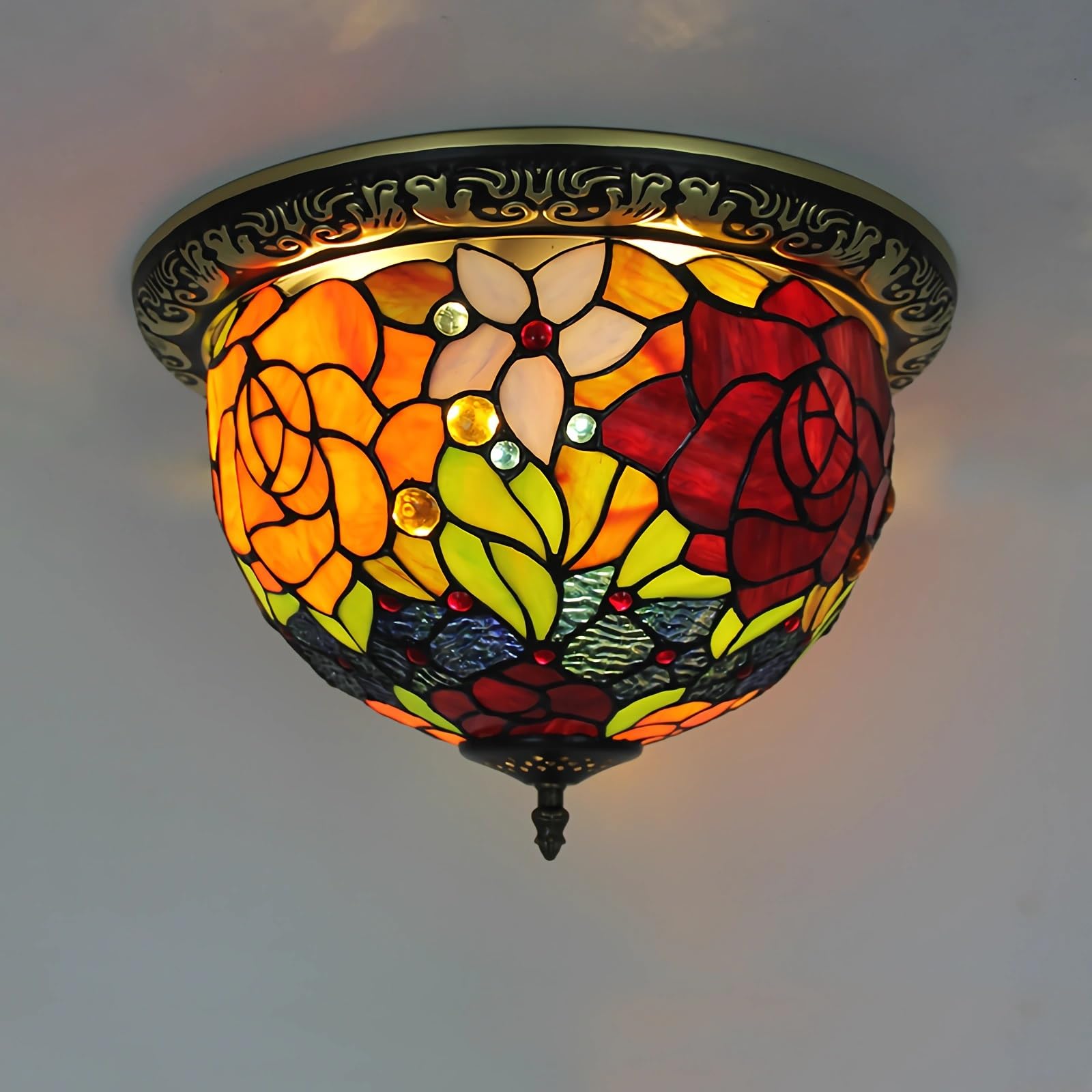 WDBZTJ Tiffany Style Ceiling Light Flush Mount, 15 inch Stained Glass Ceiling Lamp, E27 Bulb, Vintage LED Chandeliers for Living Room Bedroom(E3)