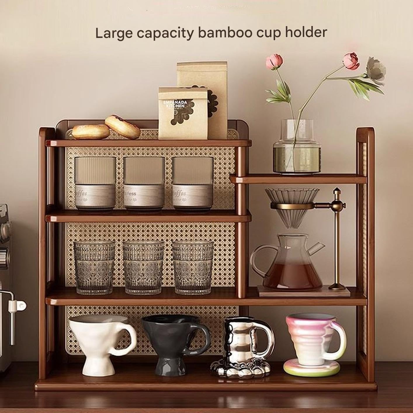Scolapiatti multistrato in rattan, ripiano in legno di bambù, per soggiorno e cucina, struttura robusta inclusa