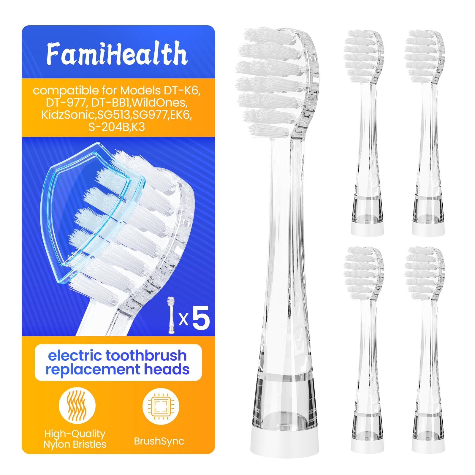 FamiHealth Baby Toothbrush Replacement Heads Compatible with Dada Tech DT-K6/DT-BB1/DT-977; for Seago SG513/SG977/SGEK6; for Brush-Baby WildOnes/KidzSonic; for BabySmile Toothbrush Head 18-36 Months