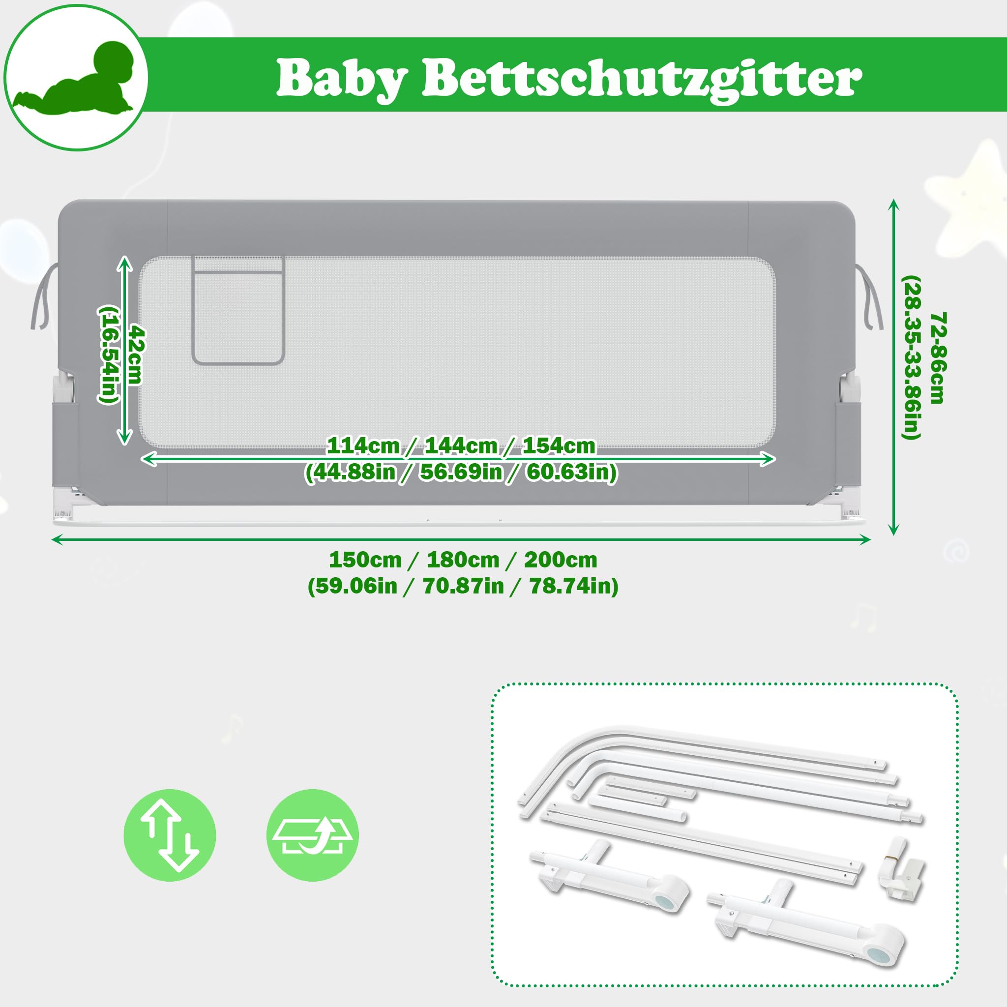 SUBTLETY Barrera de seguridad para cama de bebé de 1 lado, juego de barandilla plegable de 72 a 86 cm de altura ajustable, protección contra caídas, con bolsillos, 200 cm, para habitaciones de bebés y