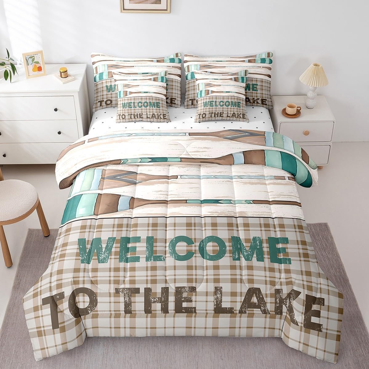 jejeloiu Lake House Comforter Set Full 7 Pieces Cabin Lodge Rustic Farmhouse Style Retro Wooden Boating oar Bedding Set Geometric Plaid Bed in a Bag with Comforter, Sheets, Pillowcases & Cushion Cover