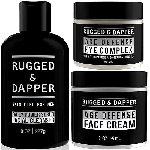 RUGGED & DAPPER Age Defense - Crema facial, limpiador facial Daily Power Scrub, complejo de ojos de defensa de la edad