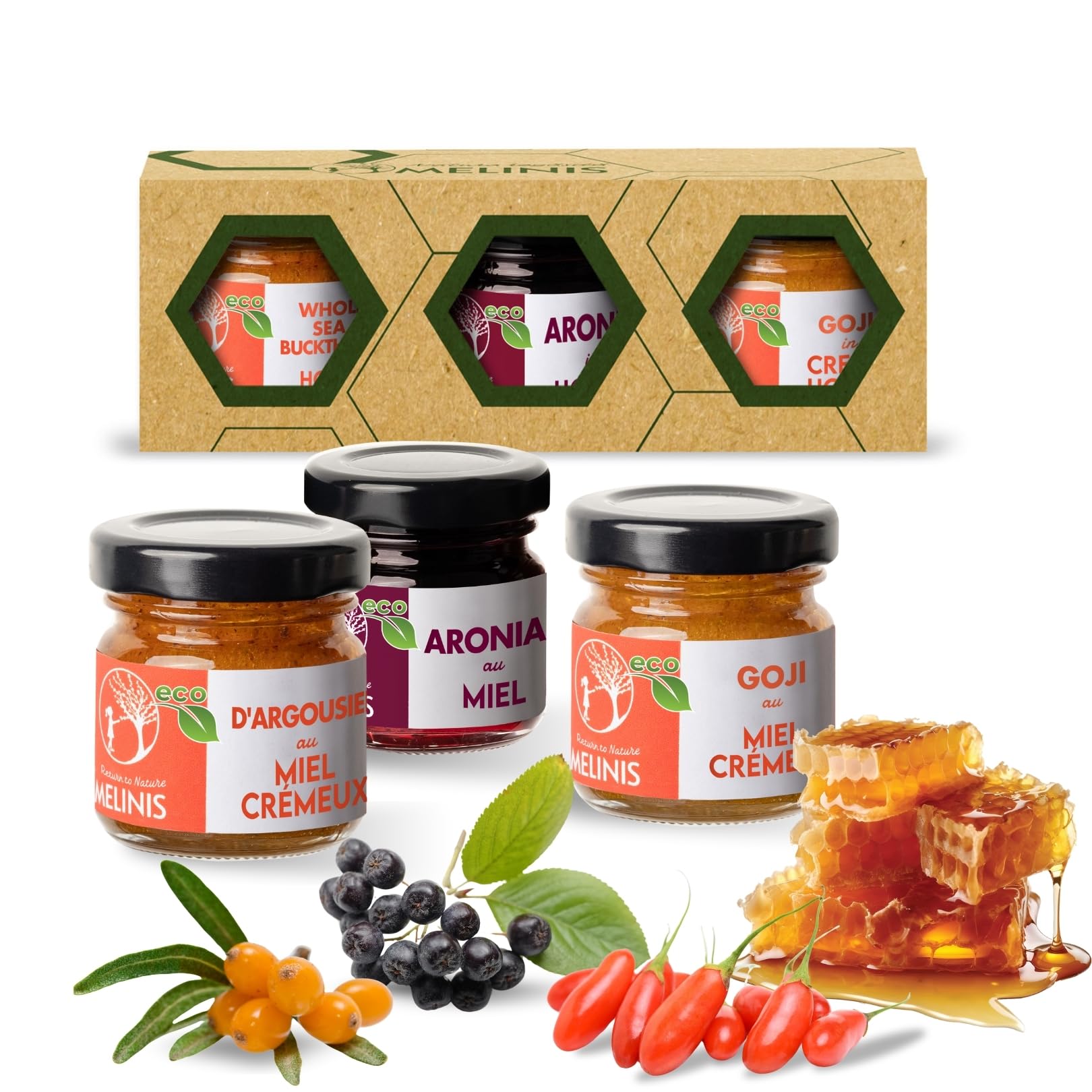 Coffret Dégustation “Explosion de Vitamines” 3 × 40 g – Miel Bio Tartinable à l’Argousier, à l’Aronia et au Goji – Sans Sucre Ajouté – Pour Petit-Déjeuner, Snacks et Cadeaux Gourmands – Melinis