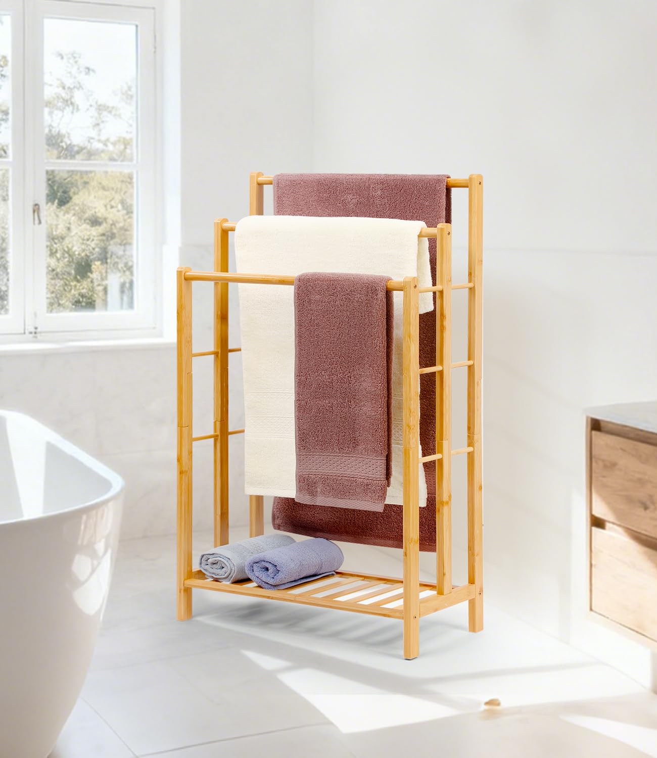 Toallero de bambú con estante, toallero de pie, escalera de pie con 3 barras, baño, salón, ahorra espacio (96 cm de alto)