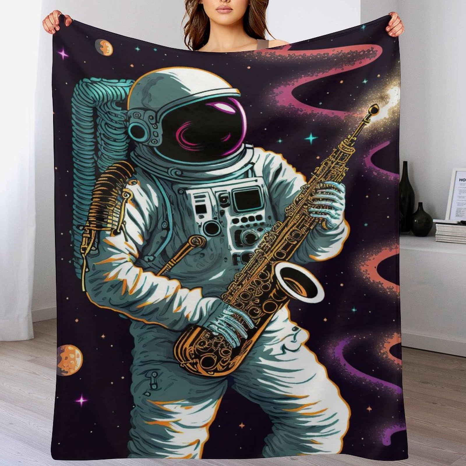 Couverture motif astronaute legere anti-froid pour grand lit et canape en flannel