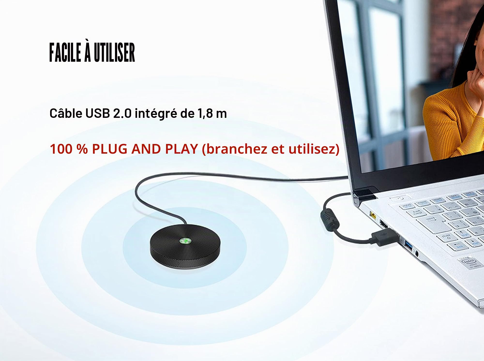 PowerMic Microphone de conférence téléphonique à 360 ° en métal avec Suppression d'écho et de Bruit, pour Salle de réunion ou Bureau de télétravail