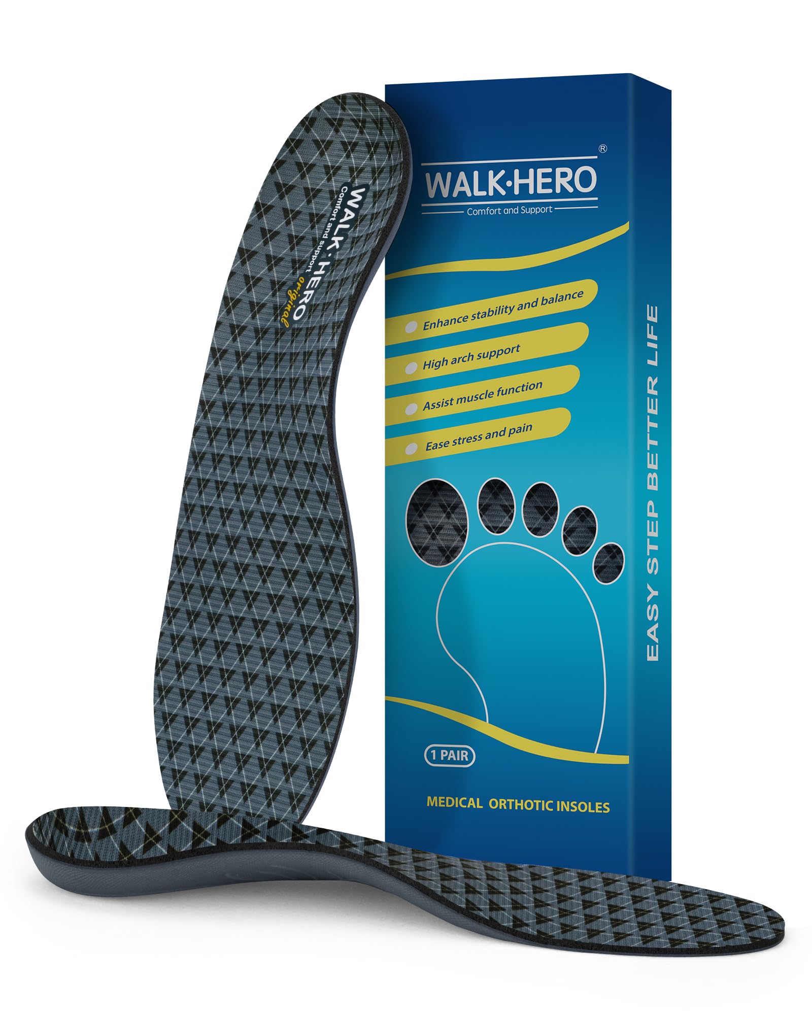 Walkhero Arch Support Insoles - Plantar Fasciitis Inserts for Foot Fatigue and Pain Relieve, Orthotic with Everyday Comfort and Support (Mens 11-11 1/2 | Womens 13-13 1/2 Gray)