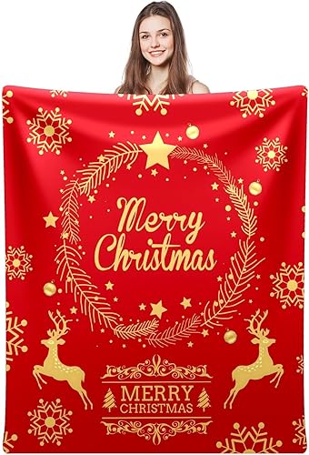 Miniatura 7 de Manta de Navidad roja de 50 x 60 pulgadas, manta de decoración navideña de renos, suave y cálida para sofá y dormitorio